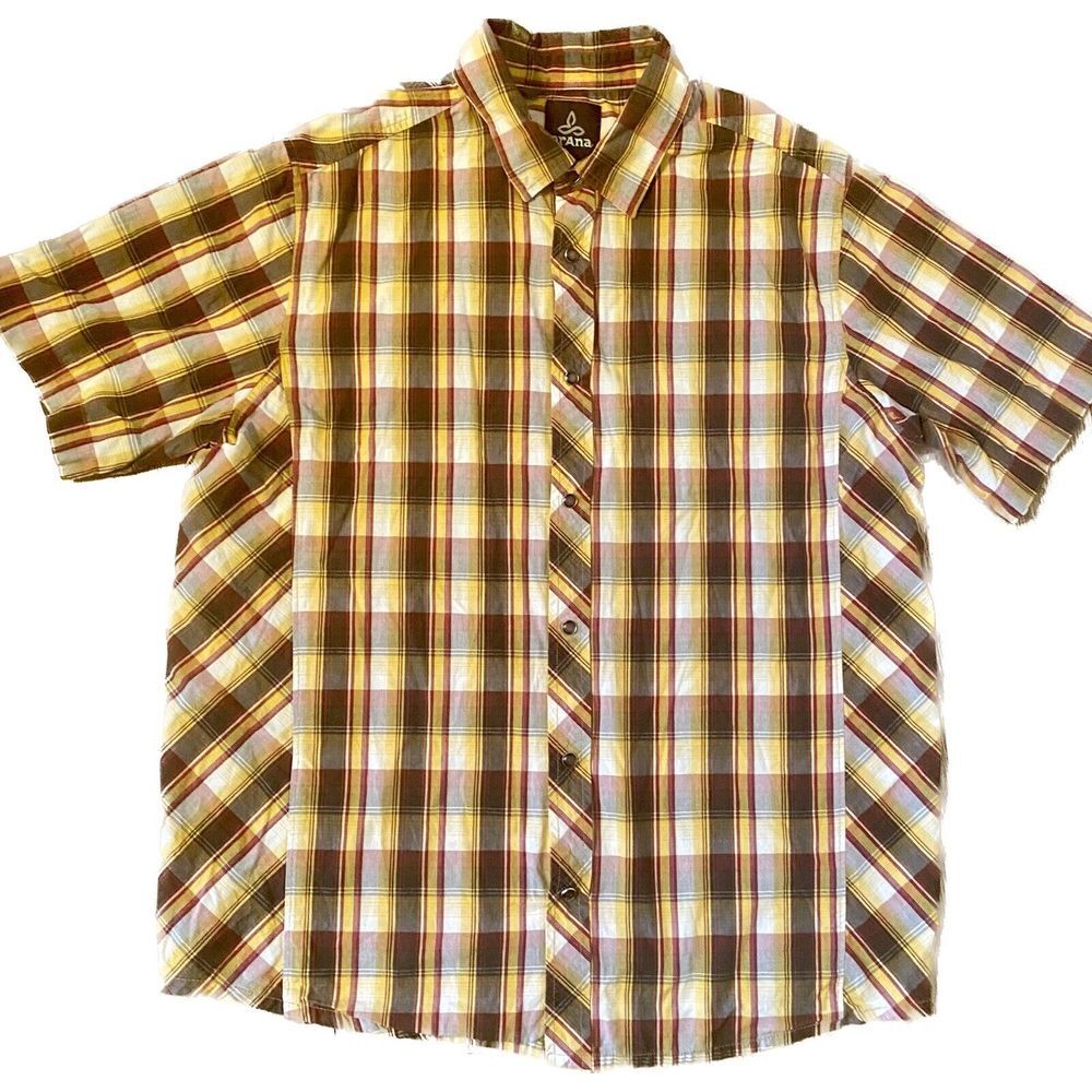 Prana Mens Short‎ Sleeve Dress Shirt Pearl Buttons Plaid Button Down Size M E